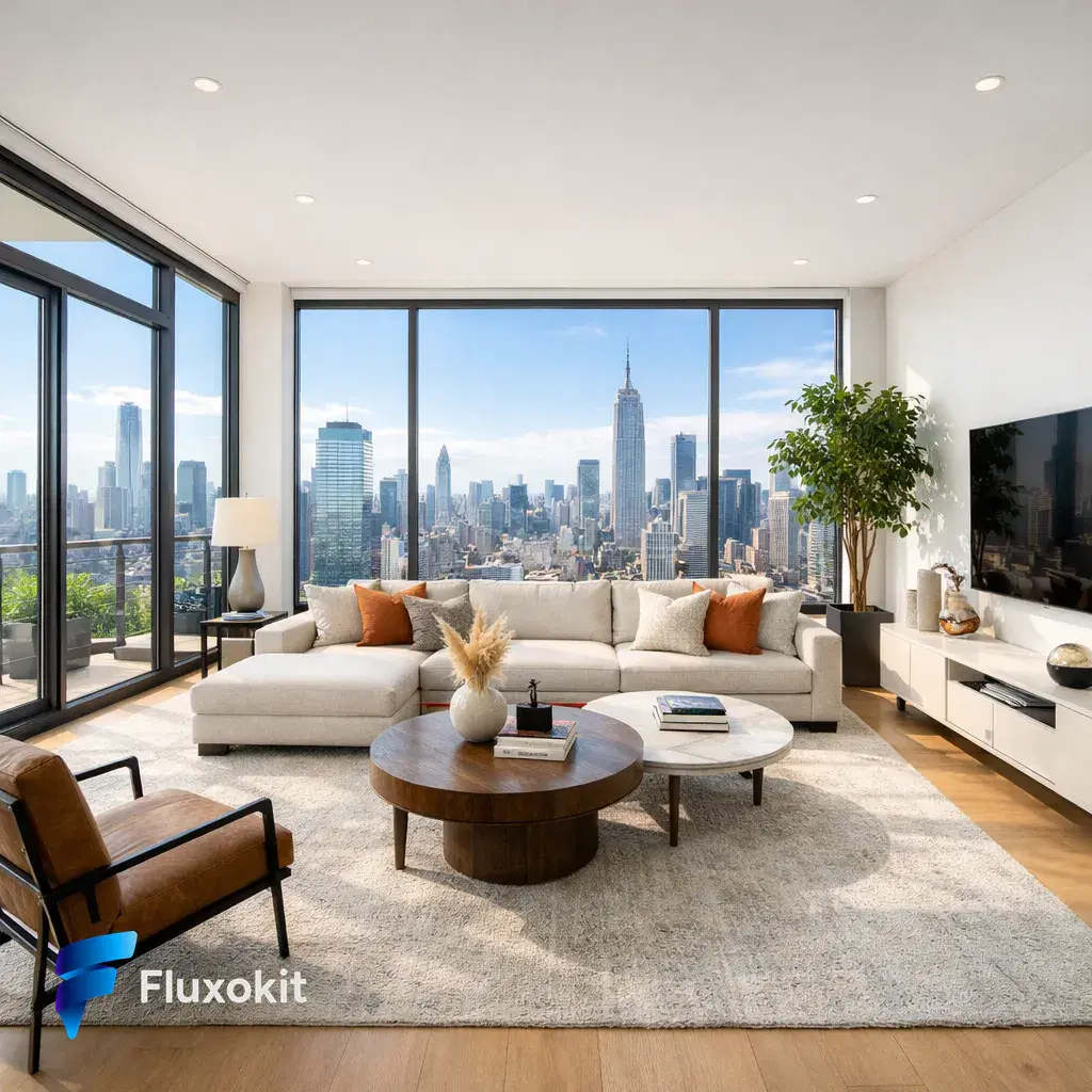 Real GPT Image-1.5 generation: Architectural interior of a bright modern living room with floor-to-ceiling windows and a 