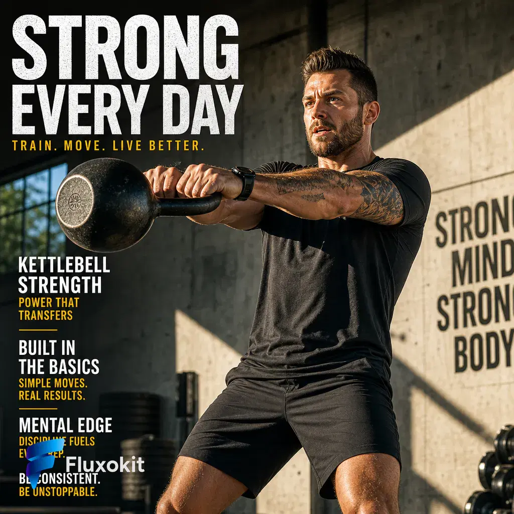Real GPT Image-2 generation: An athletic coach mid kettlebell-swing in a sunlit concrete gym, frozen motion, bold high-