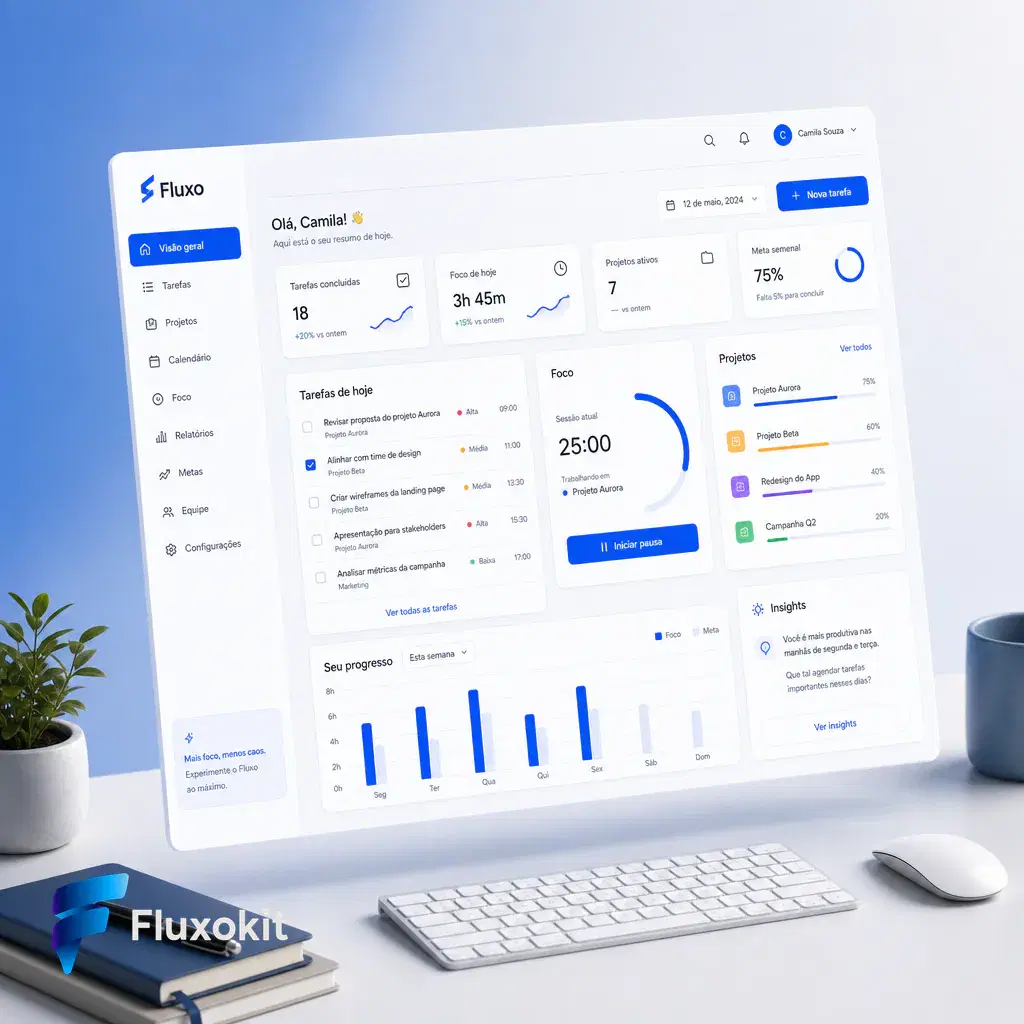 Real GPT Image-2 generation: Clean isometric mockup of the "Fluxo" productivity dashboard floating over a minimalist de