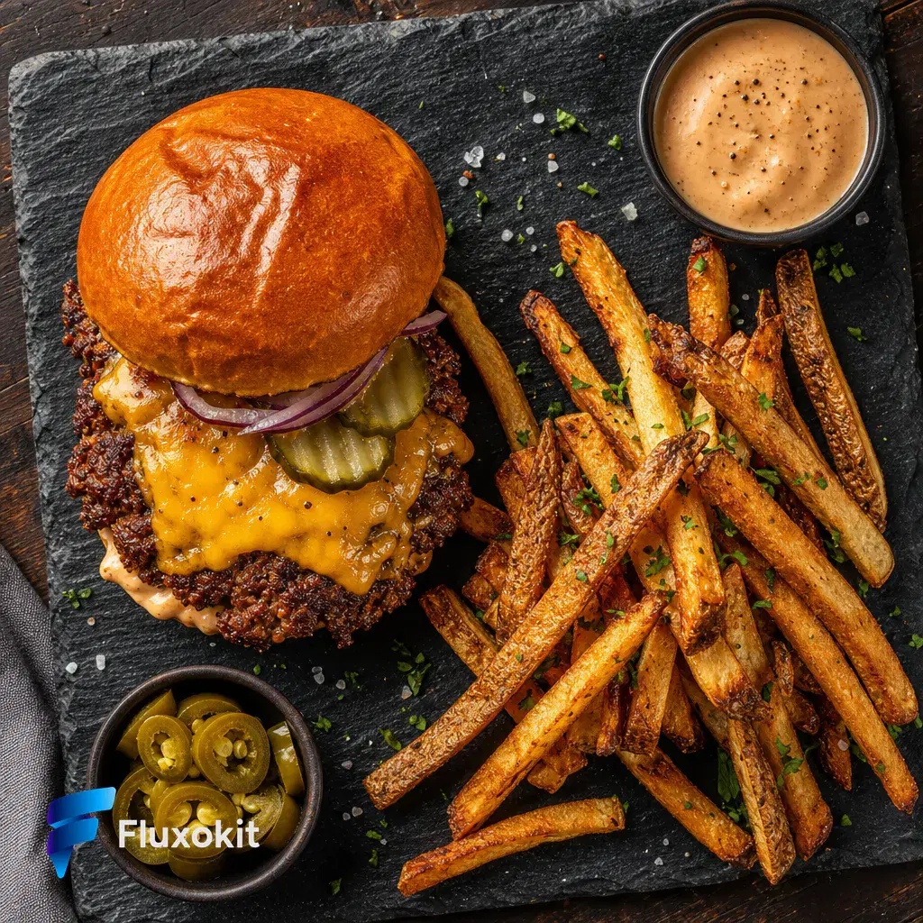 Real GPT Image-2 generation: Overhead flat-lay of an artisan smash burger with melted cheese and rustic fries on slate,
