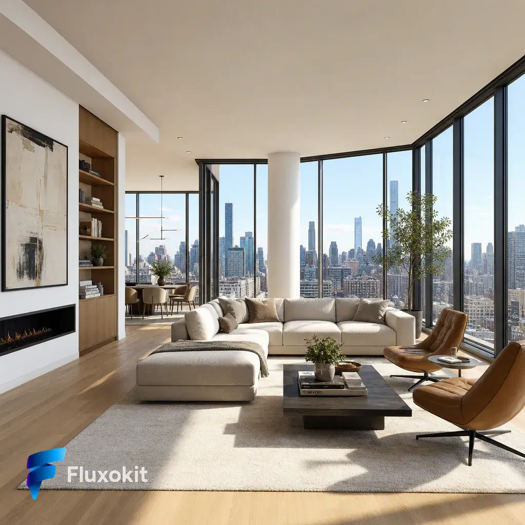 Real GPT Image-2 generation: Architectural interior of a bright modern living room with floor-to-ceiling windows and a 