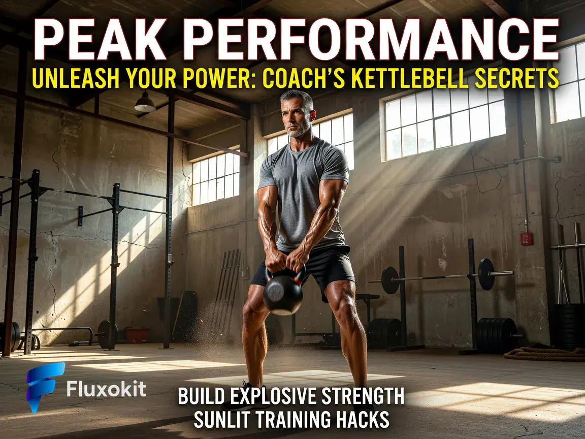 Real Grok Imagine Image generation: An athletic coach mid kettlebell-swing in a sunlit concrete gym, frozen motion, bold high-