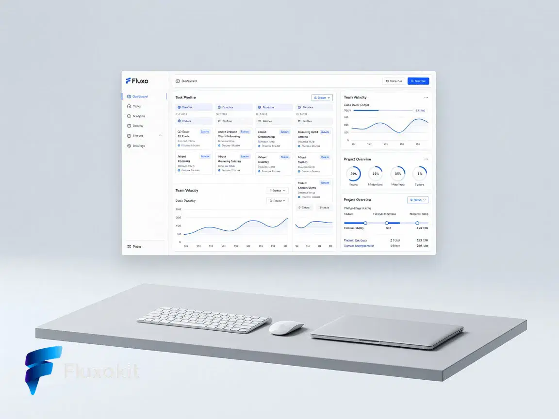 Real Grok Imagine Image generation: Clean isometric mockup of the "Fluxo" productivity dashboard floating over a minimalist de