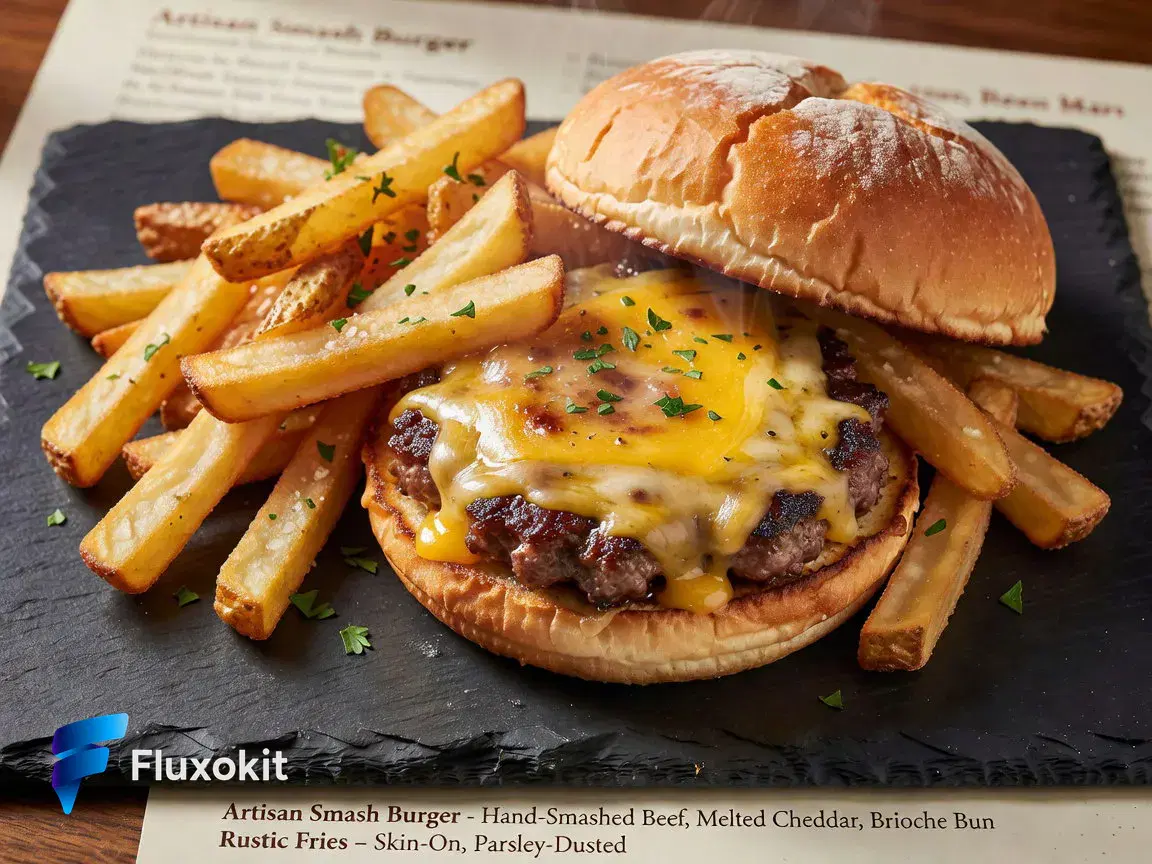 Real Grok Imagine Image generation: Overhead flat-lay of an artisan smash burger with melted cheese and rustic fries on slate,