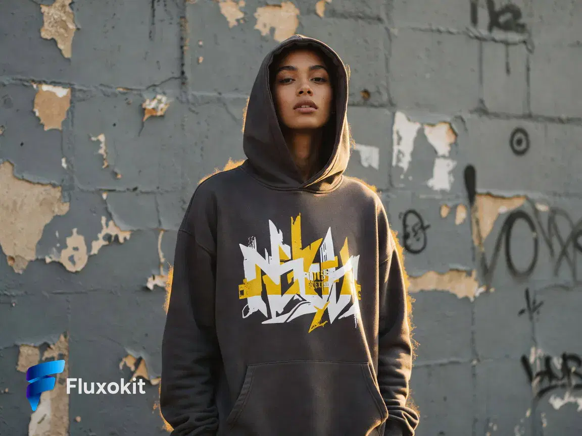 Real Grok Imagine Image generation: Streetwear lookbook: a model in an oversized graphic hoodie against a painted concrete wal