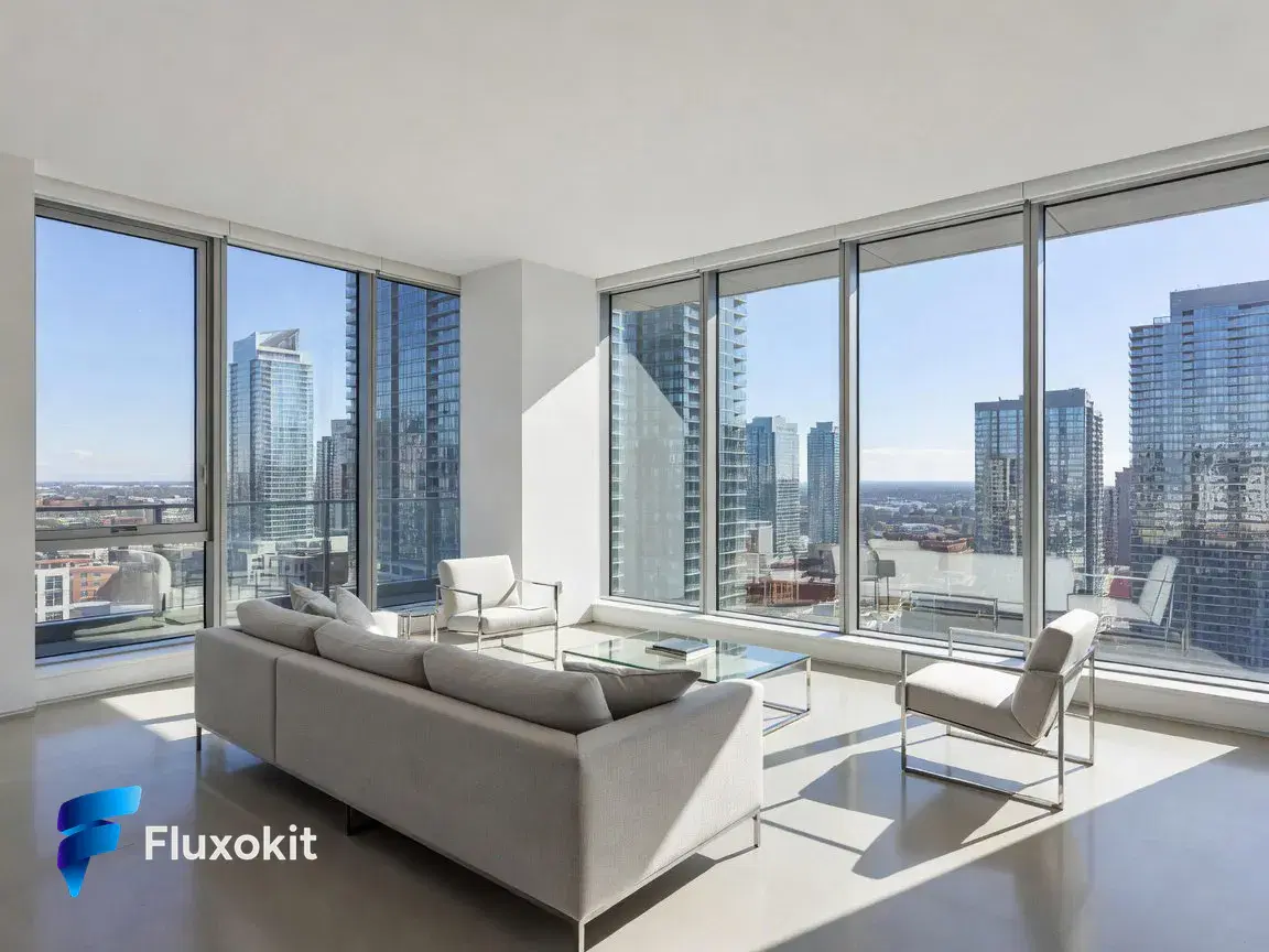 Real Grok Imagine Image generation: Architectural interior of a bright modern living room with floor-to-ceiling windows and a 
