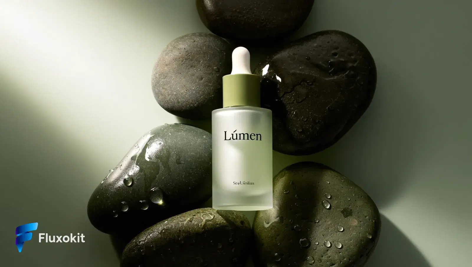 Higgsfield Soul - Foto de produto: sérum "Lúmen" em pedra molhada, luz suave da manhã