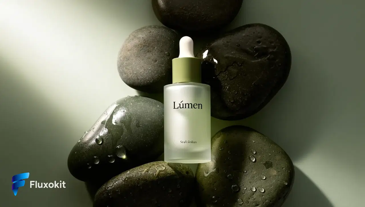 Higgsfield Soul - Foto de produto: sérum "Lúmen" em pedra molhada, luz suave da manhã