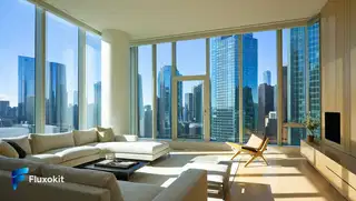 Higgsfield Soul - Interior moderno com vista para a cidade, luz natural, anúncio