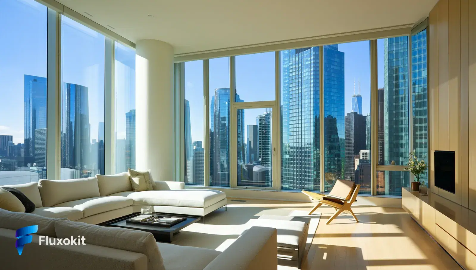Higgsfield Soul - Interior moderno com vista para a cidade, luz natural, anúncio