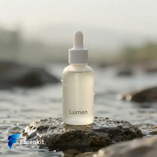 Image Z-Turbo LoRA - Foto de produto: sérum "Lúmen" em pedra molhada, luz suave da manhã