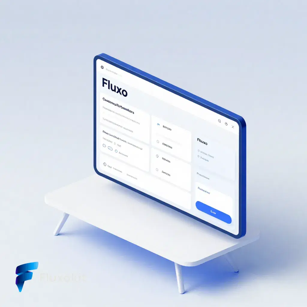 Real Image Z-Turbo LoRA generation: Clean isometric mockup of the "Fluxo" productivity dashboard floating over a minimalist de