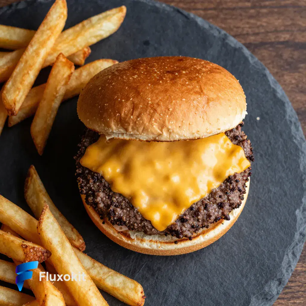 Real Image Z-Turbo LoRA generation: Overhead flat-lay of an artisan smash burger with melted cheese and rustic fries on slate,