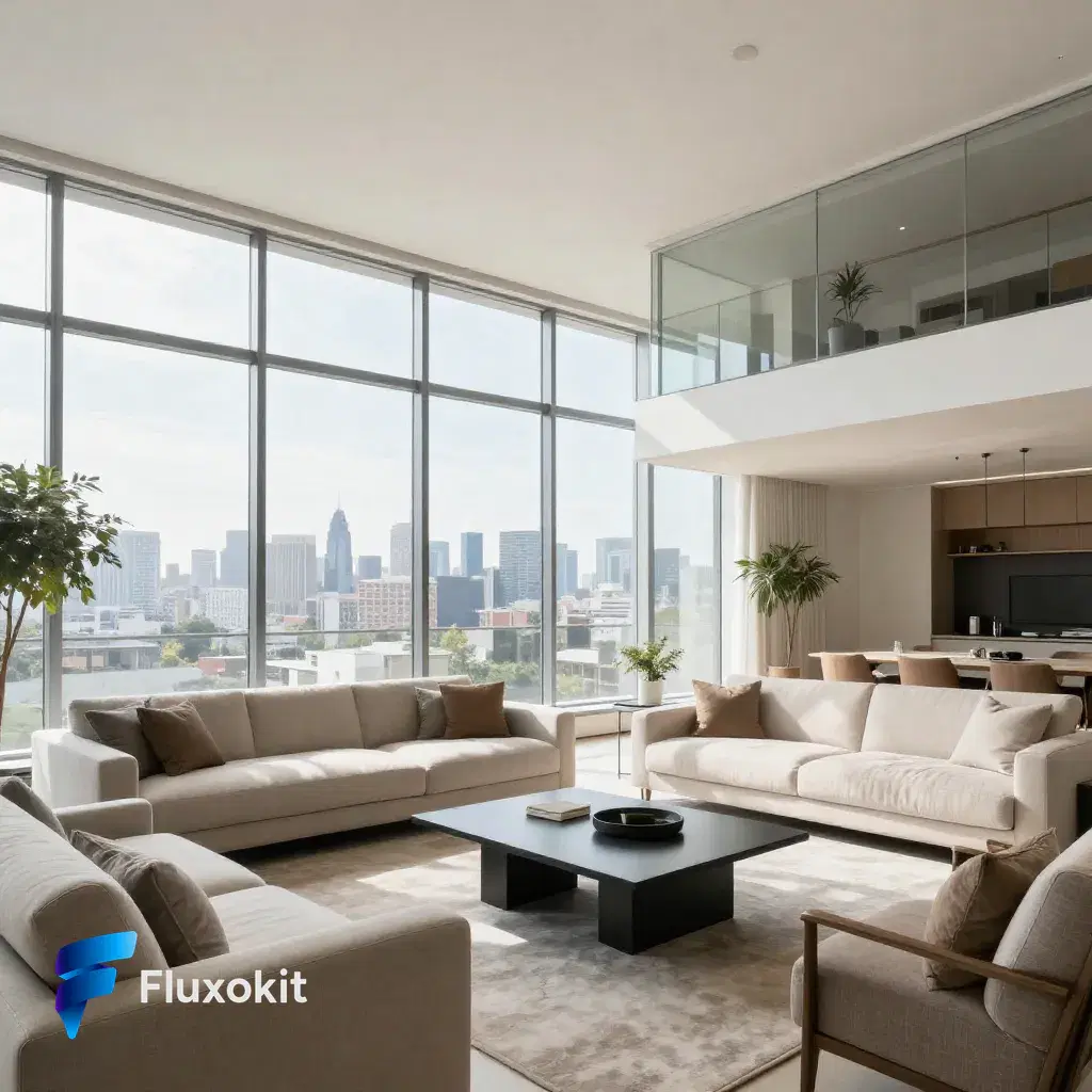 Real Image Z-Turbo LoRA generation: Architectural interior of a bright modern living room with floor-to-ceiling windows and a 