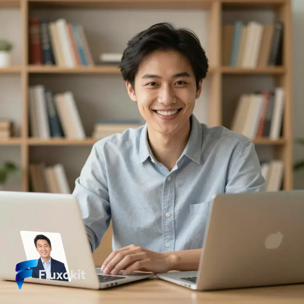 Real Image Z-Turbo LoRA generation: A friendly educator smiling at a laptop in a warm home office, soft bokeh bookshelf, appro