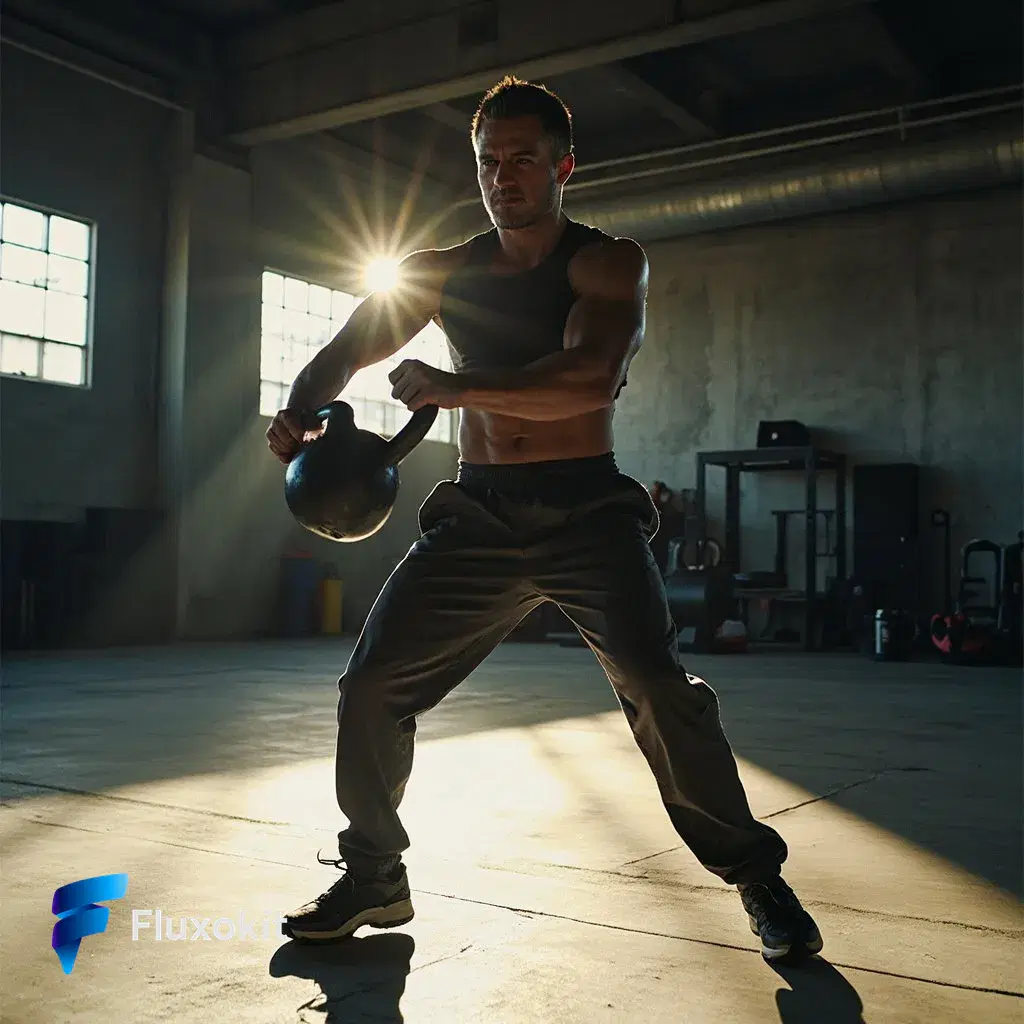Real MiniMax Image-01 generation: An athletic coach mid kettlebell-swing in a sunlit concrete gym, frozen motion, bold high-