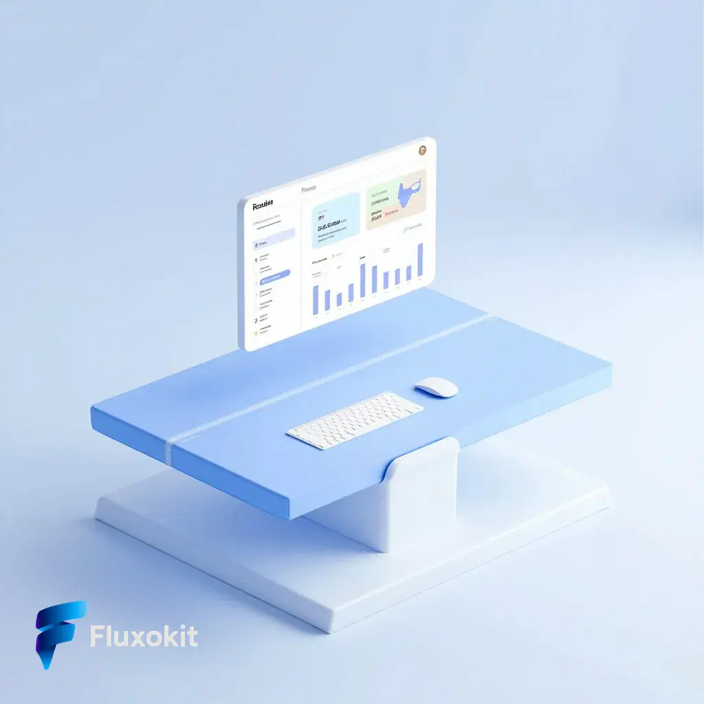 Real MiniMax Image-01 generation: Clean isometric mockup of the "Fluxo" productivity dashboard floating over a minimalist de