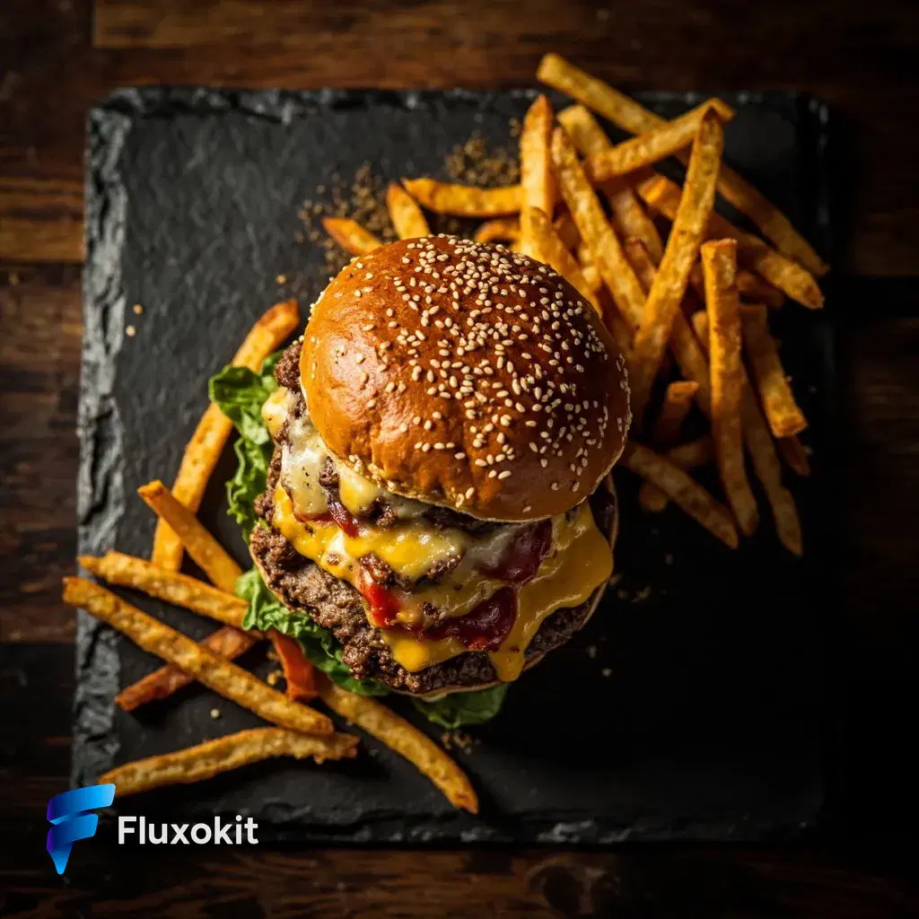 Real MiniMax Image-01 generation: Overhead flat-lay of an artisan smash burger with melted cheese and rustic fries on slate,