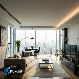MiniMax Image-01 - Interior moderno com vista para a cidade, luz natural, anúncio