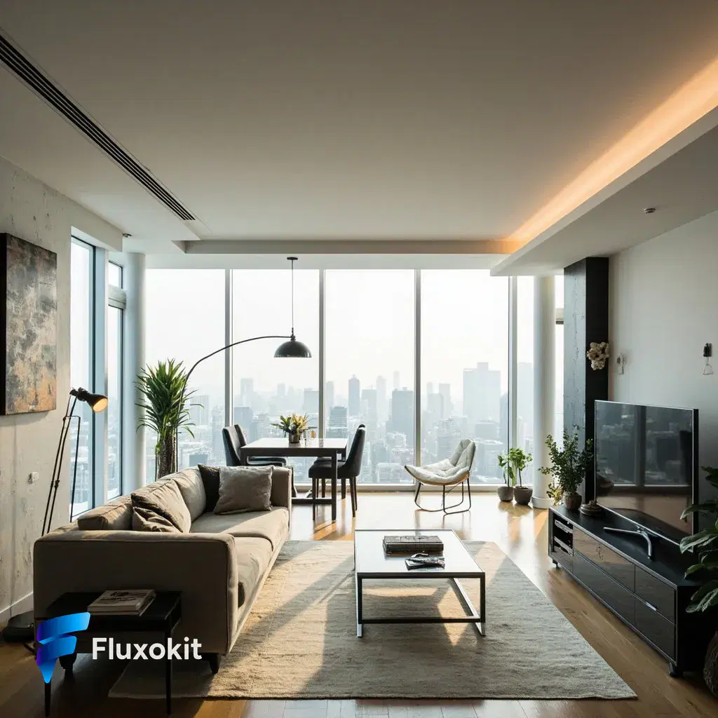 Real MiniMax Image-01 generation: Architectural interior of a bright modern living room with floor-to-ceiling windows and a 