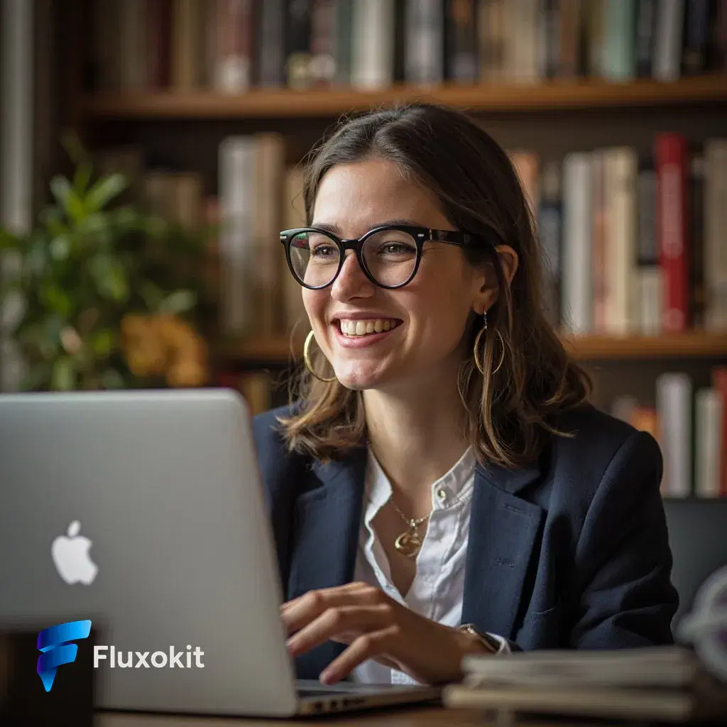 Real MiniMax Image-01 generation: A friendly educator smiling at a laptop in a warm home office, soft bokeh bookshelf, appro