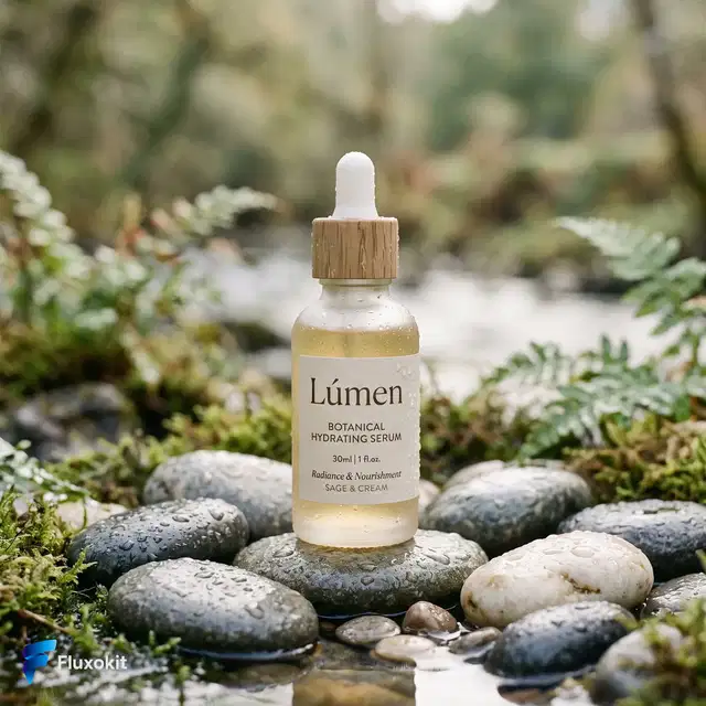 Nano Banana Pro 2 (Gemini 3.1) - Foto de produto: sérum "Lúmen" em pedra molhada, luz suave da manhã