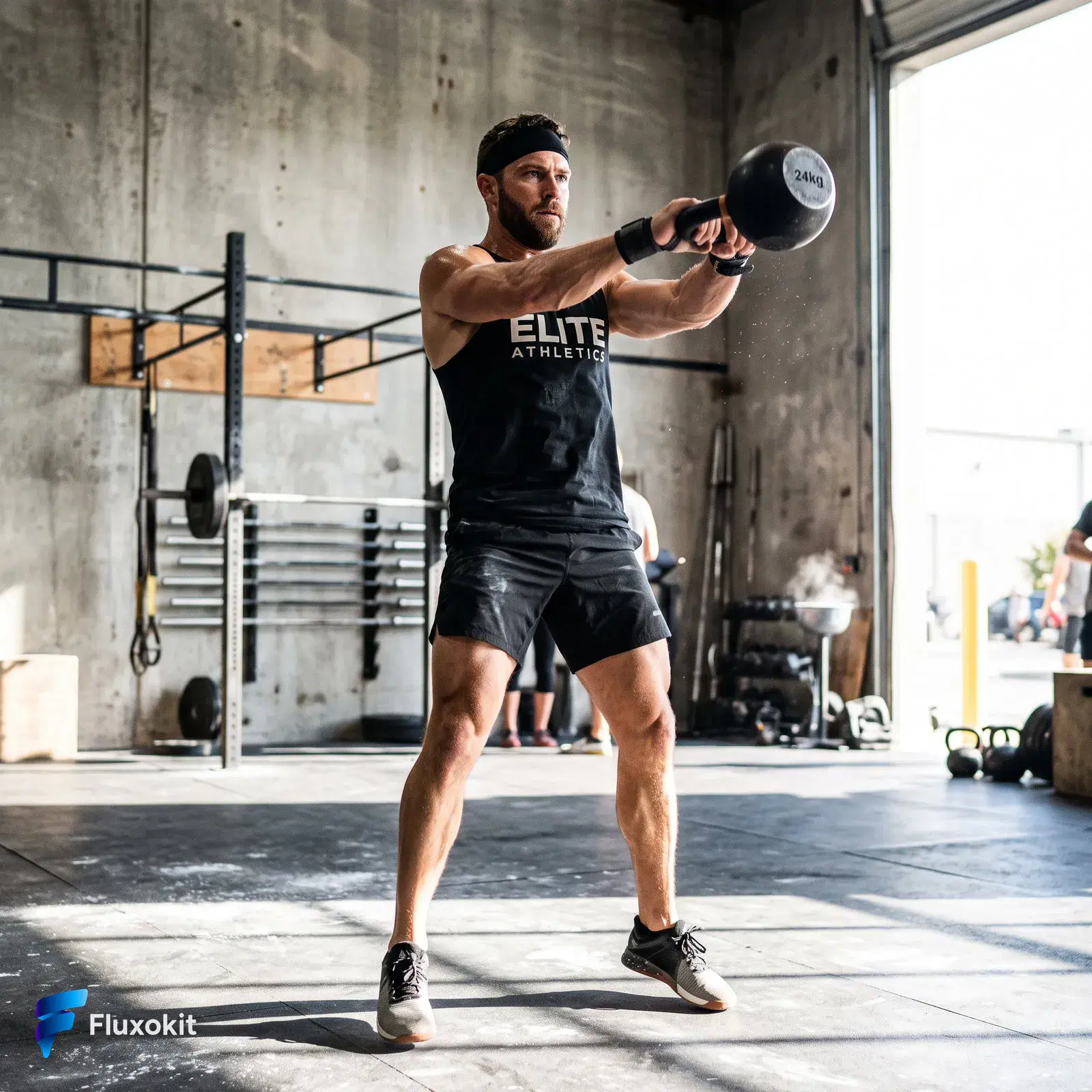 Real Nano Banana Pro 2 (Gemini 3.1) generation: An athletic coach mid kettlebell-swing in a sunlit concrete gym, frozen motion, bold high-