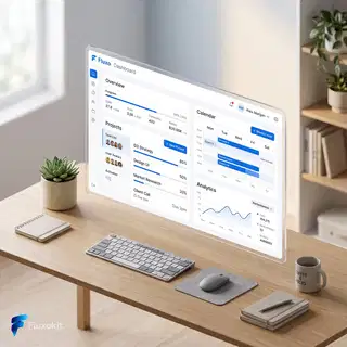 Nano Banana Pro 2 (Gemini 3.1) - Mockup isométrico do painel "Fluxo", tons de azul, hero de SaaS
