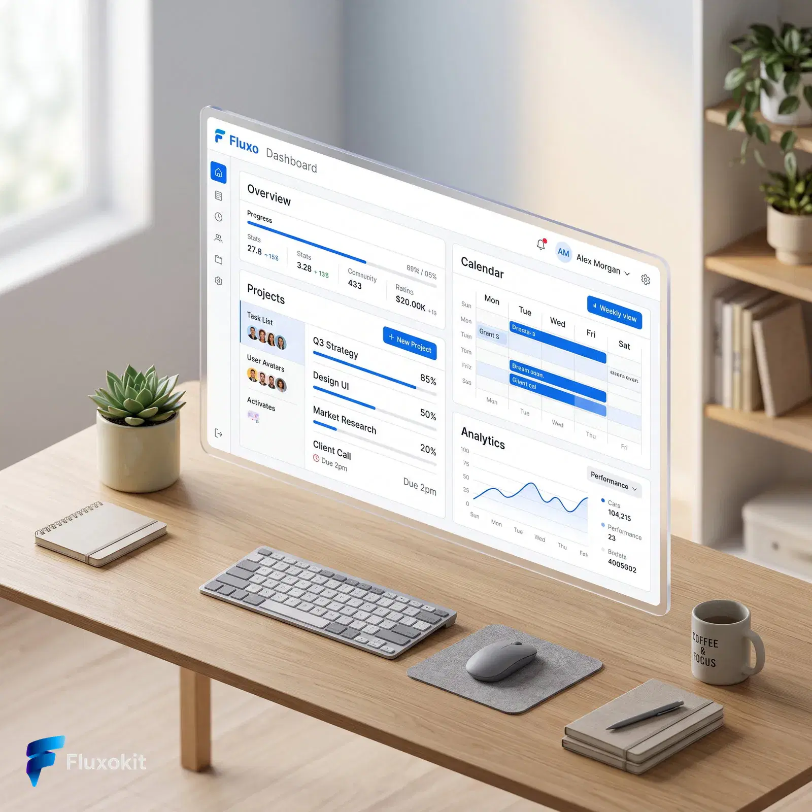 Real Nano Banana Pro 2 (Gemini 3.1) generation: Clean isometric mockup of the "Fluxo" productivity dashboard floating over a minimalist de
