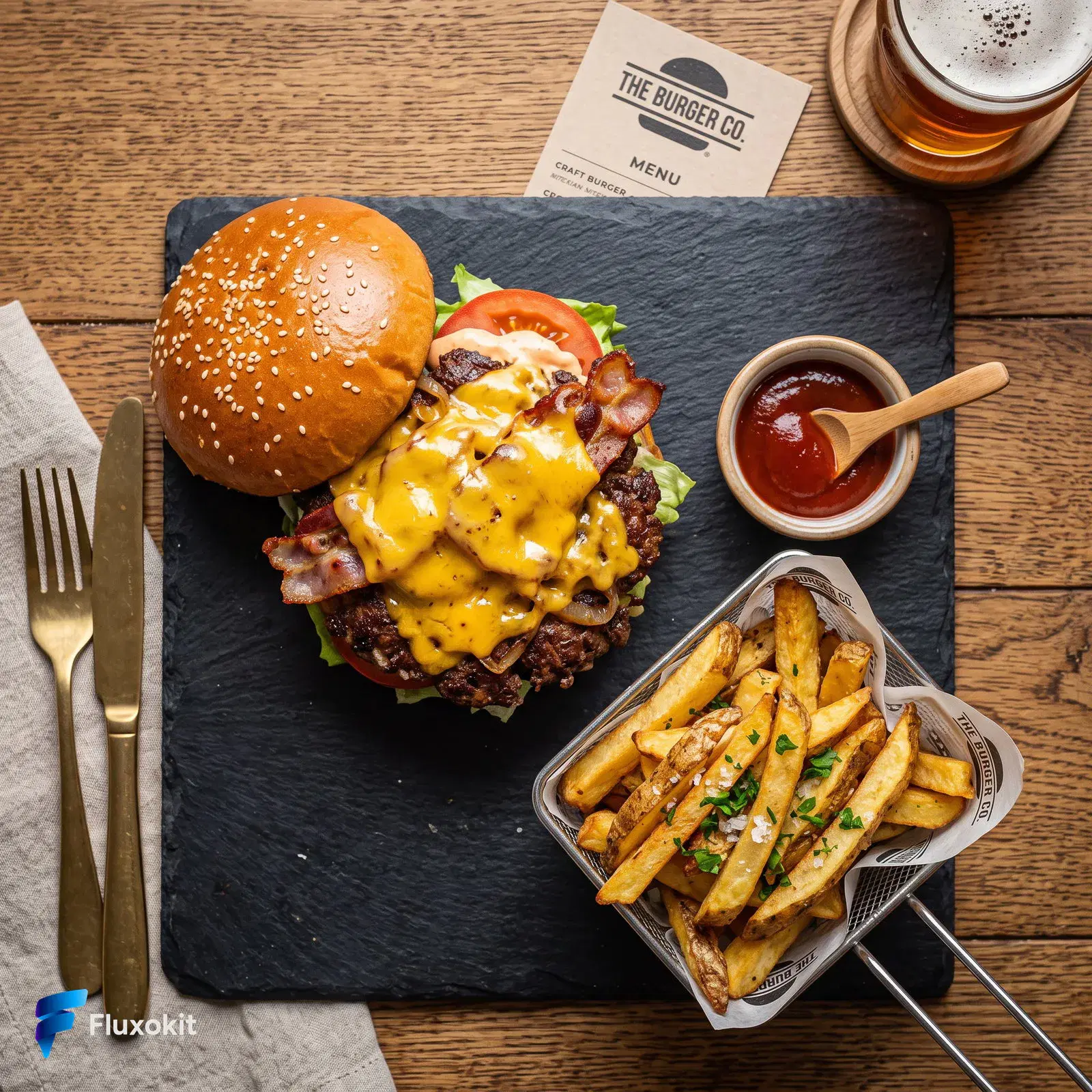 Real Nano Banana Pro 2 (Gemini 3.1) generation: Overhead flat-lay of an artisan smash burger with melted cheese and rustic fries on slate,