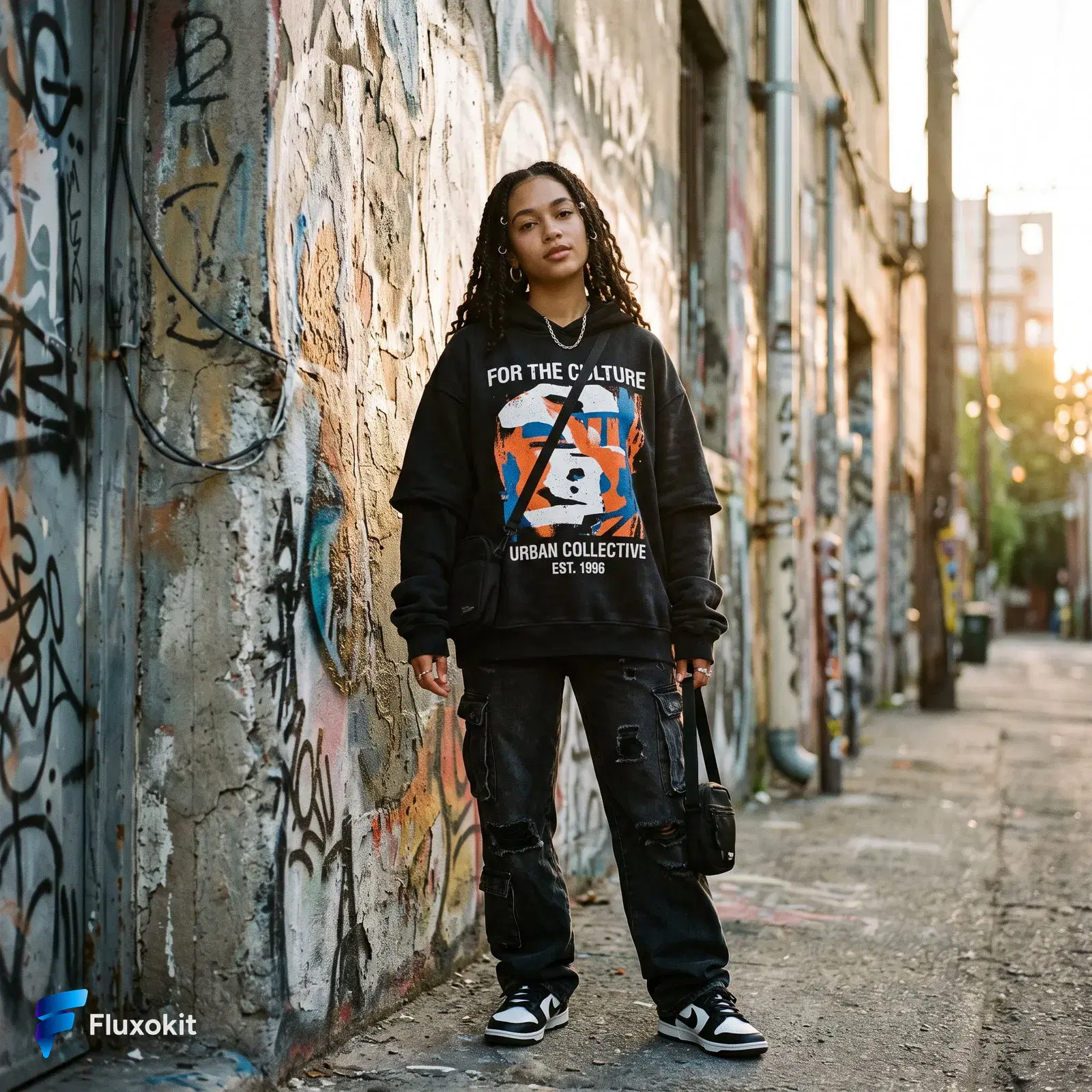 Real Nano Banana Pro 2 (Gemini 3.1) generation: Streetwear lookbook: a model in an oversized graphic hoodie against a painted concrete wal