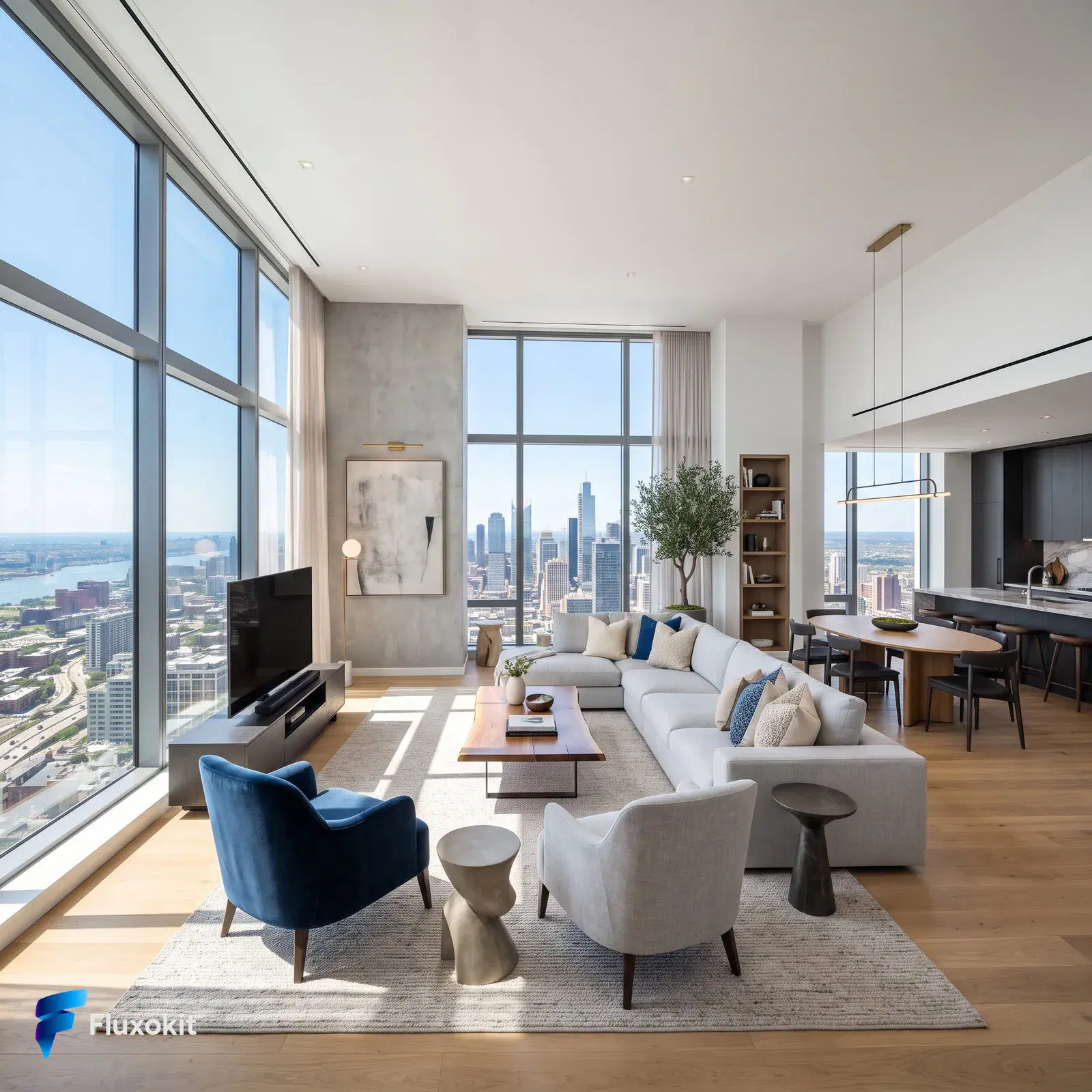 Real Nano Banana Pro 2 (Gemini 3.1) generation: Architectural interior of a bright modern living room with floor-to-ceiling windows and a 