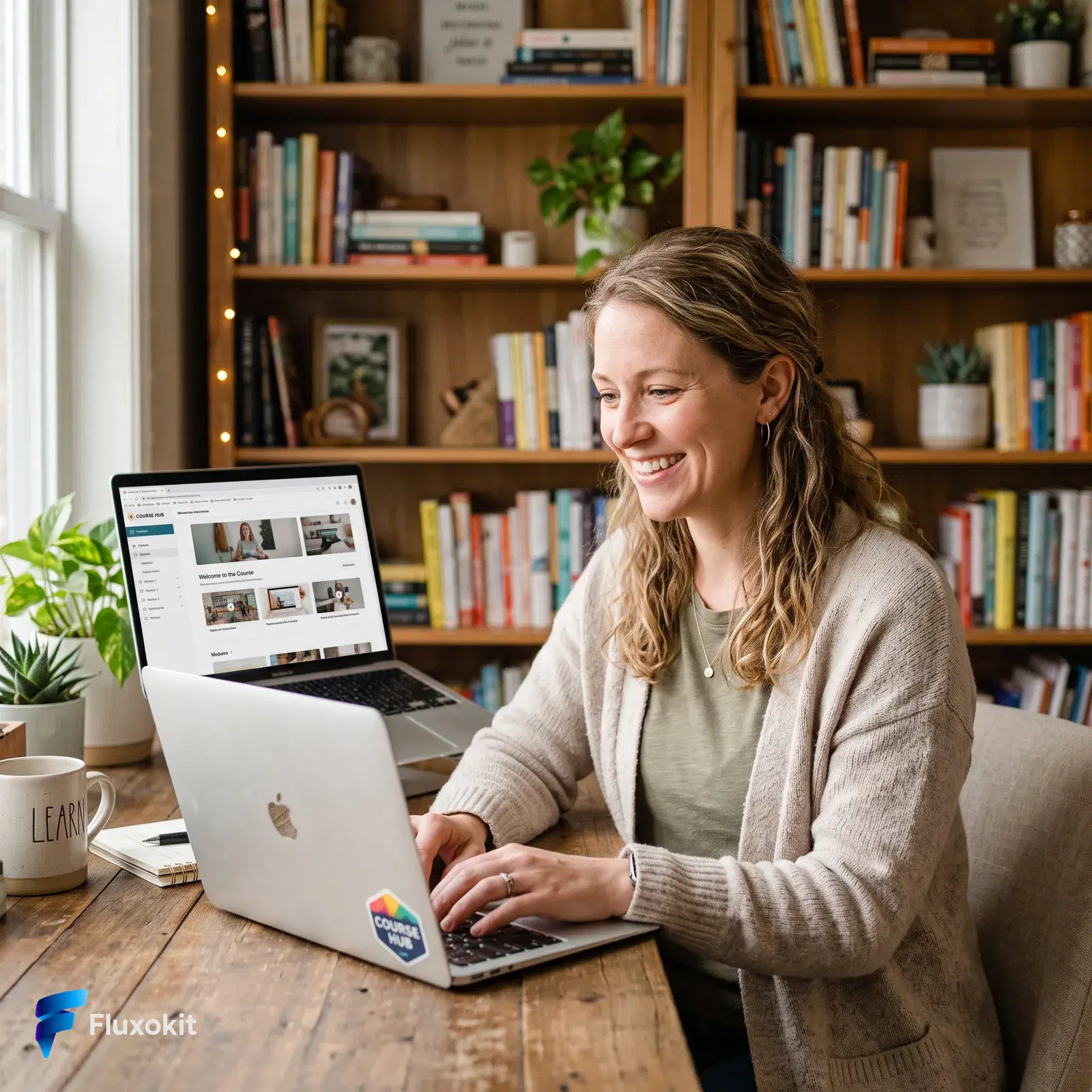 Real Nano Banana Pro 2 (Gemini 3.1) generation: A friendly educator smiling at a laptop in a warm home office, soft bokeh bookshelf, appro