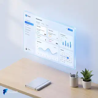 Nano Banana Pro (Gemini 3.0) - Mockup isométrico do painel "Fluxo", tons de azul, hero de SaaS