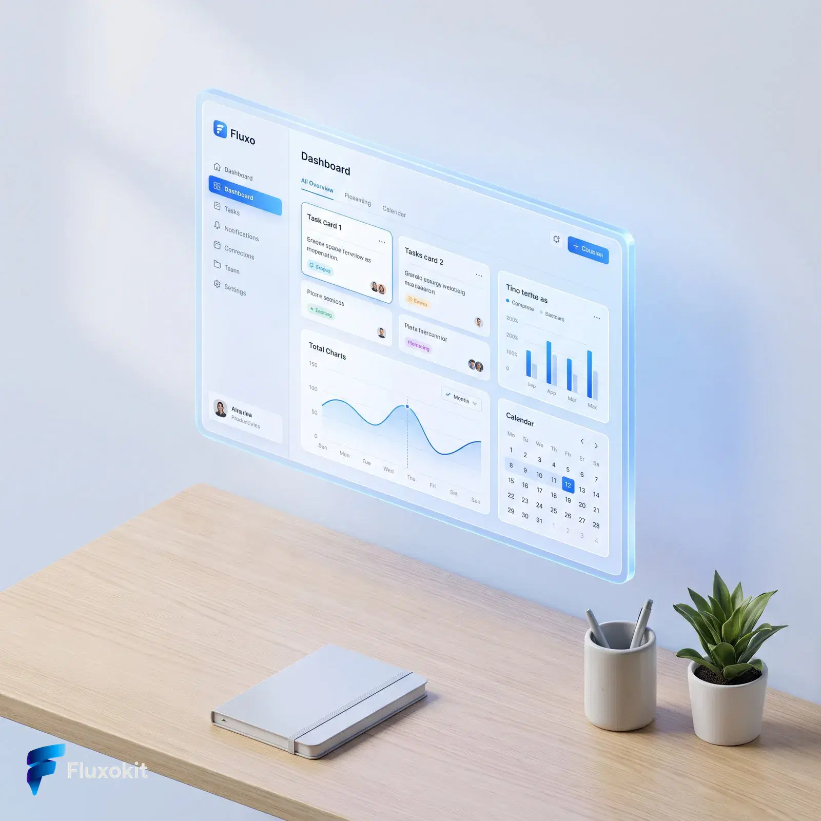Real Nano Banana Pro (Gemini 3.0) generation: Clean isometric mockup of the "Fluxo" productivity dashboard floating over a minimalist de