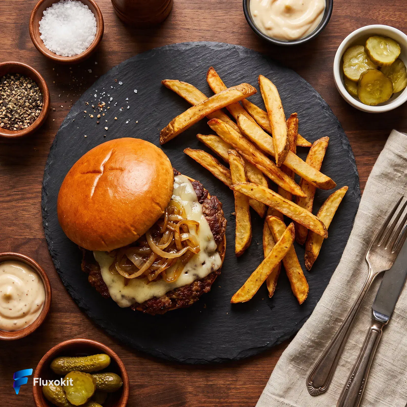 Real Nano Banana Pro (Gemini 3.0) generation: Overhead flat-lay of an artisan smash burger with melted cheese and rustic fries on slate,