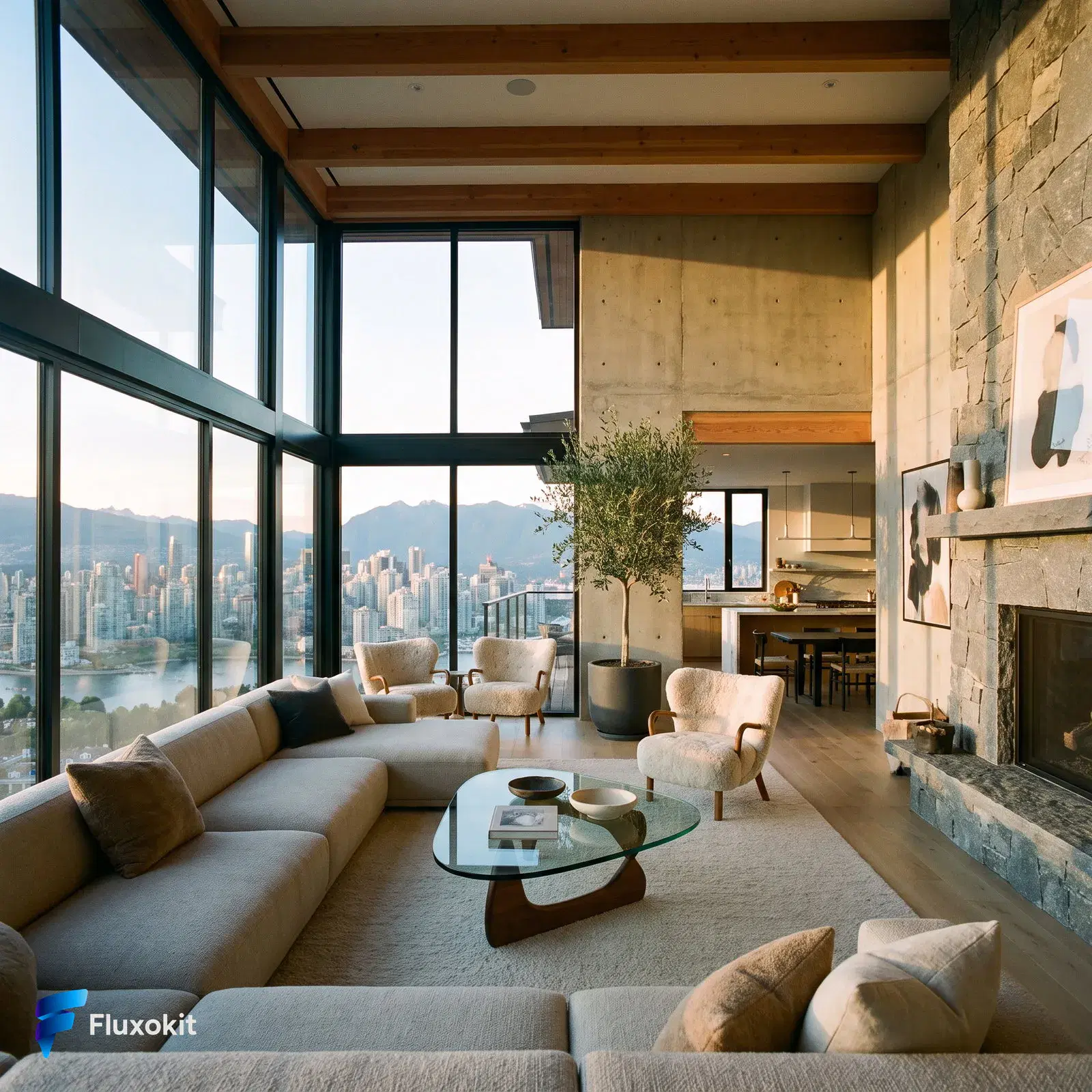 Real Nano Banana Pro (Gemini 3.0) generation: Architectural interior of a bright modern living room with floor-to-ceiling windows and a 
