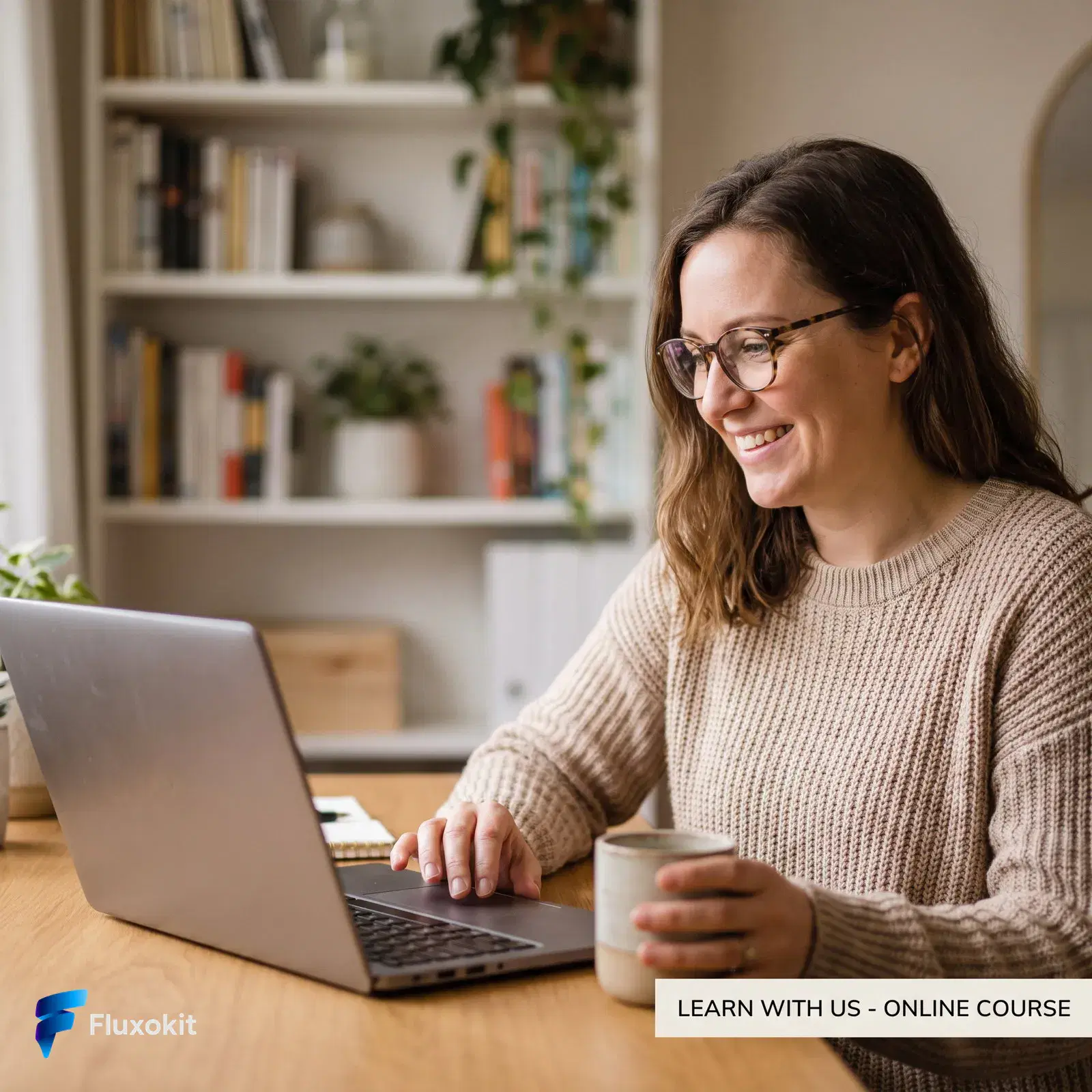 Real Nano Banana Pro (Gemini 3.0) generation: A friendly educator smiling at a laptop in a warm home office, soft bokeh bookshelf, appro