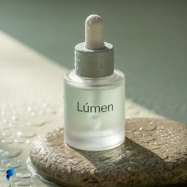 QWEN Image 2.0 Pro - Foto de produto: sérum "Lúmen" em pedra molhada, luz suave da manhã