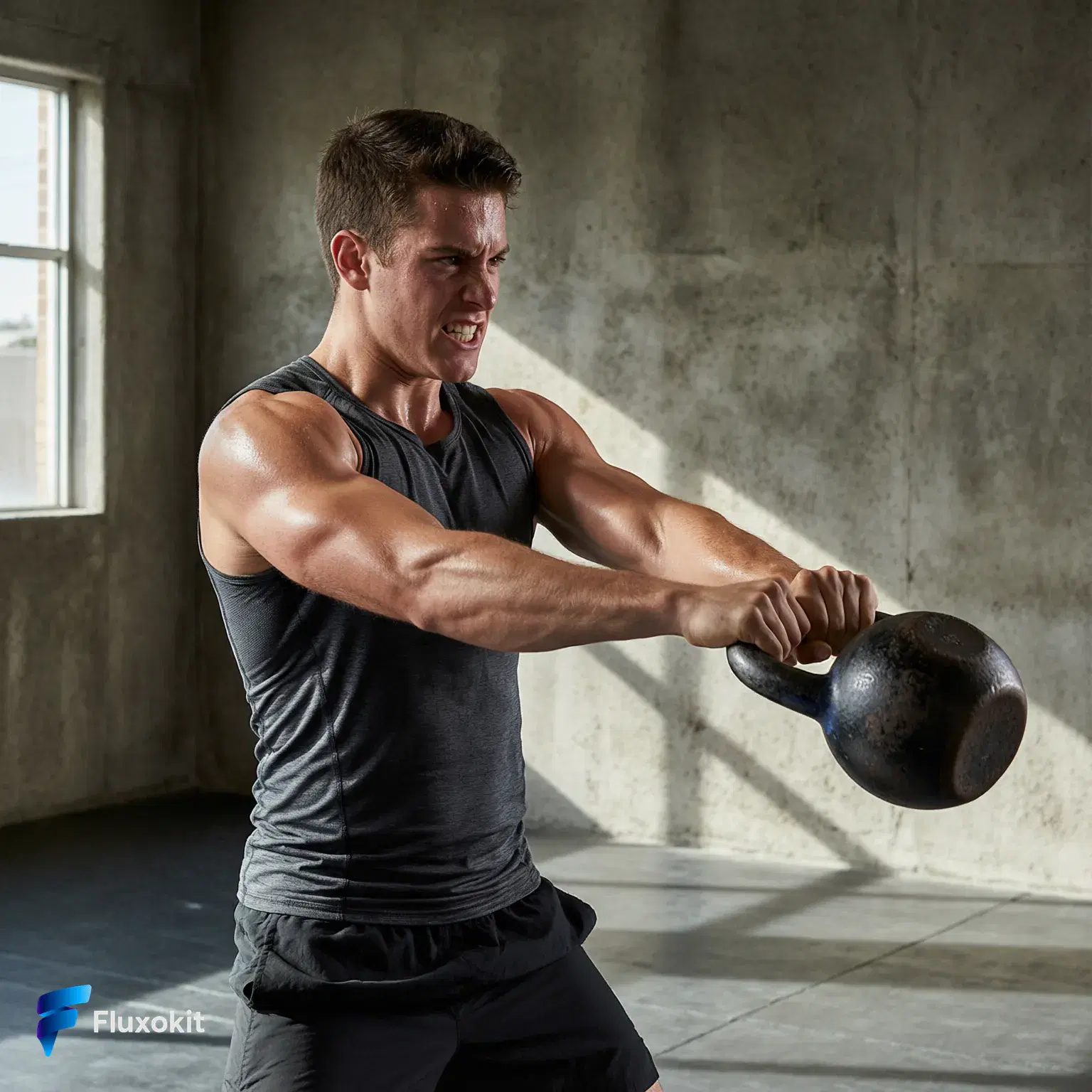 Real QWEN Image 2.0 Pro generation: An athletic coach mid kettlebell-swing in a sunlit concrete gym, frozen motion, bold high-