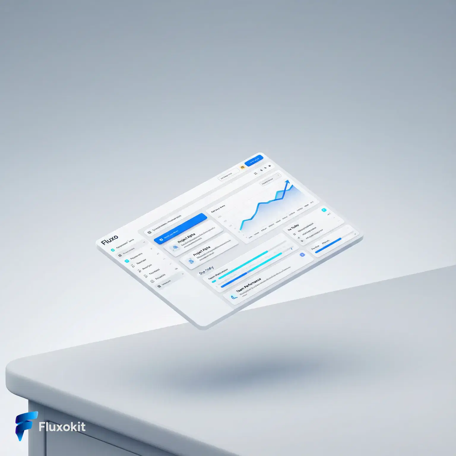 Real QWEN Image 2.0 Pro generation: Clean isometric mockup of the "Fluxo" productivity dashboard floating over a minimalist de