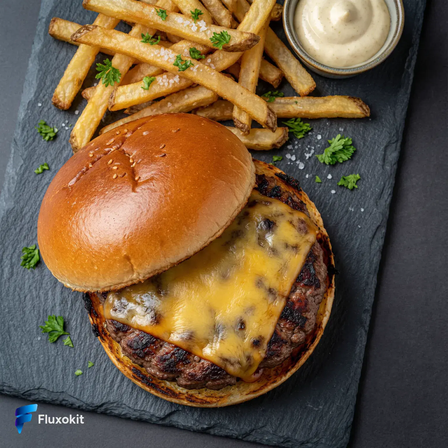 Real QWEN Image 2.0 Pro generation: Overhead flat-lay of an artisan smash burger with melted cheese and rustic fries on slate,