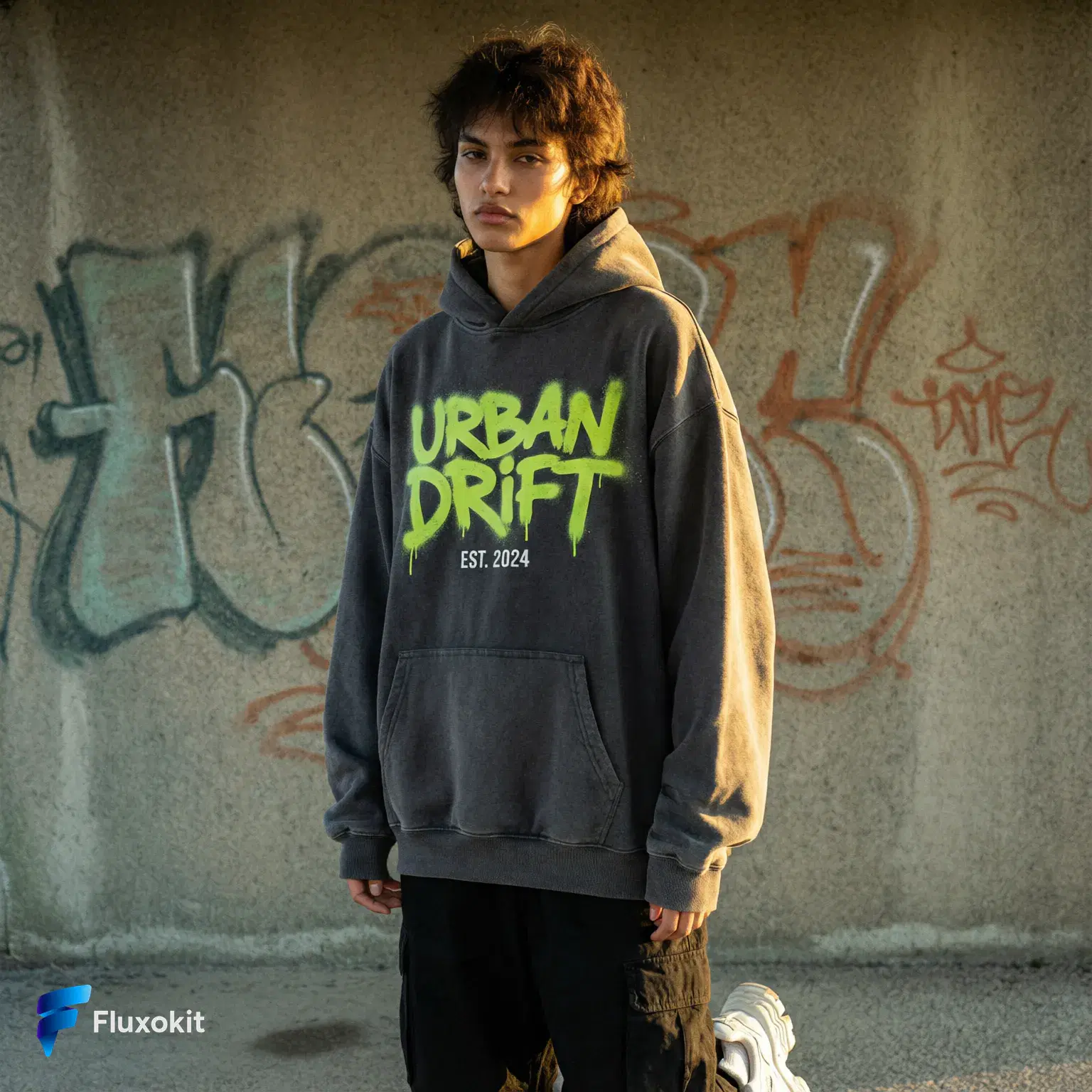 Real QWEN Image 2.0 Pro generation: Streetwear lookbook: a model in an oversized graphic hoodie against a painted concrete wal