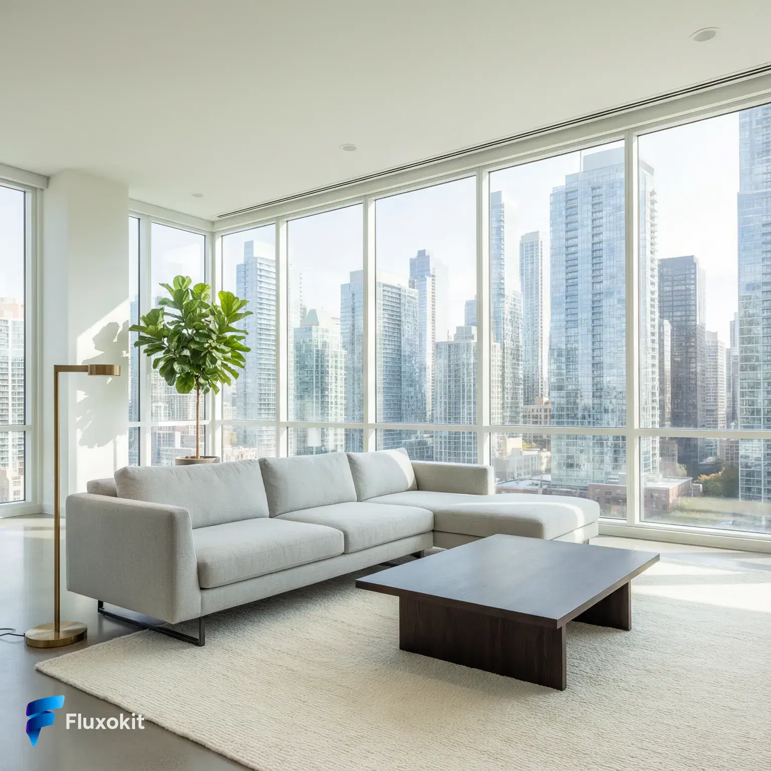 Real QWEN Image 2.0 Pro generation: Architectural interior of a bright modern living room with floor-to-ceiling windows and a 