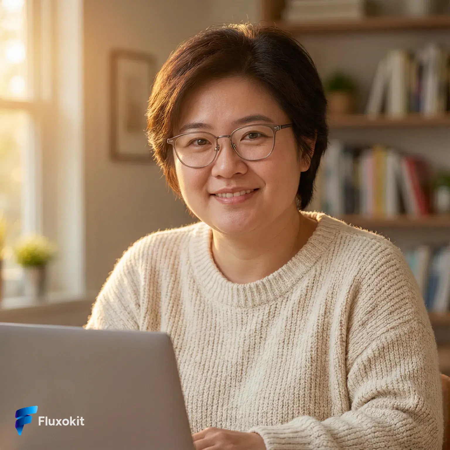 Real QWEN Image 2.0 Pro generation: A friendly educator smiling at a laptop in a warm home office, soft bokeh bookshelf, appro