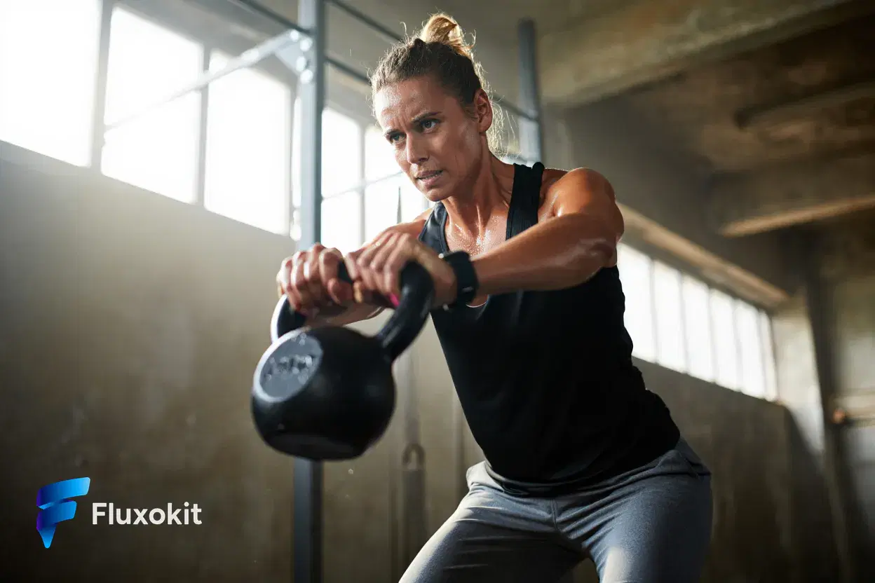 Real Reve Criar generation: An athletic coach mid kettlebell-swing in a sunlit concrete gym, frozen motion, bold high-