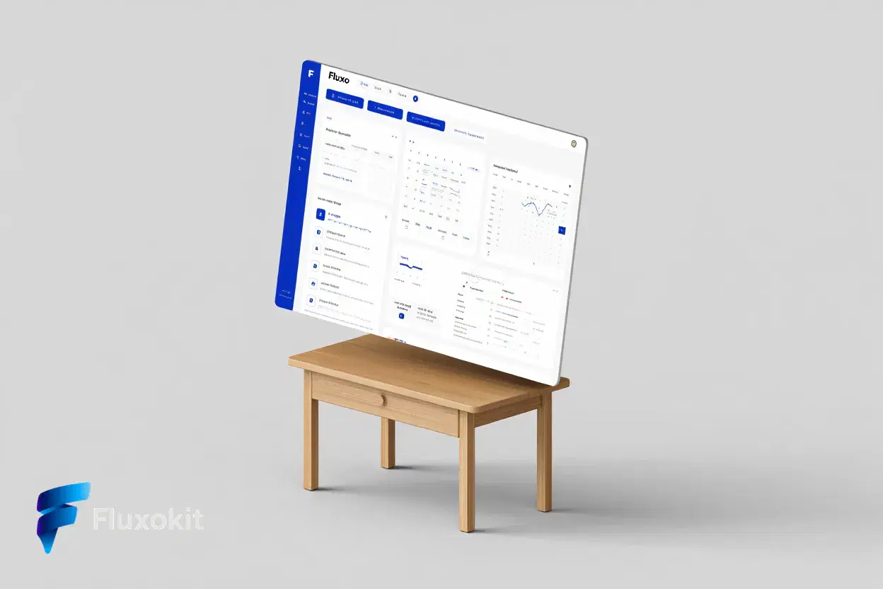 Real Reve Criar generation: Clean isometric mockup of the "Fluxo" productivity dashboard floating over a minimalist de