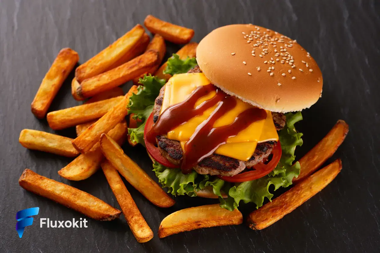 Real Reve Criar generation: Overhead flat-lay of an artisan smash burger with melted cheese and rustic fries on slate,