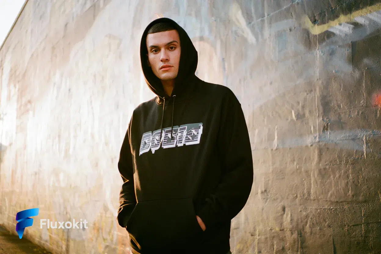 Real Reve Criar generation: Streetwear lookbook: a model in an oversized graphic hoodie against a painted concrete wal