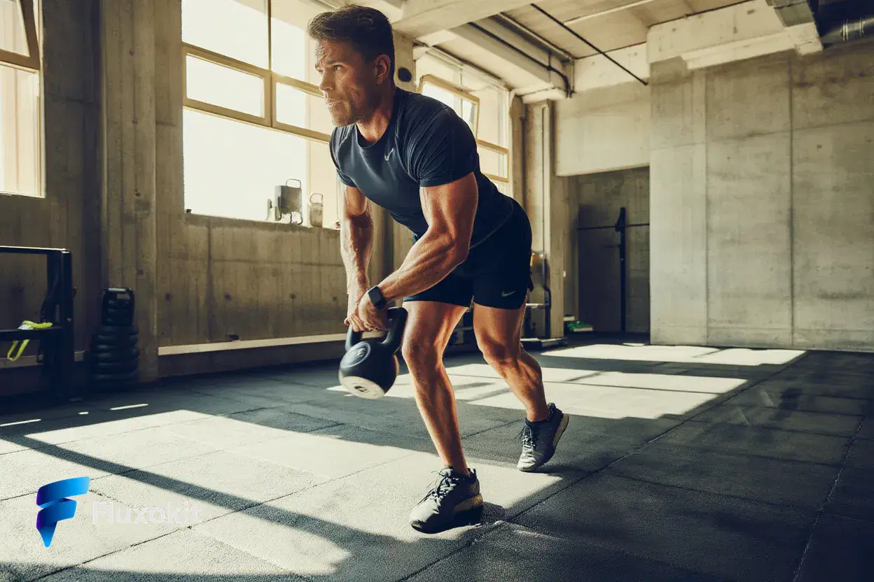 Real Reve Remix generation: An athletic coach mid kettlebell-swing in a sunlit concrete gym, frozen motion, bold high-